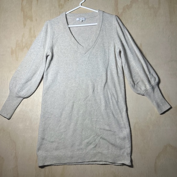 Madewell Neutral Wool Blend Bubble Sleeve V Neck Knit Sweater Medium - Picture 1 of 10